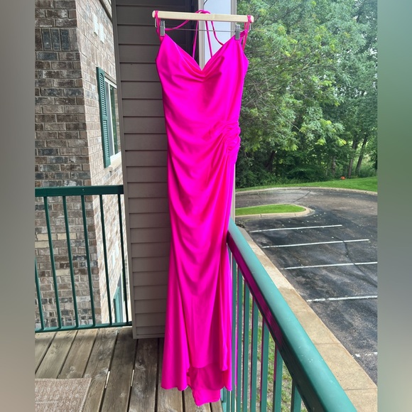 🆕🌸GB Hot Pink Ruched Satin Prom Wedding Party Maxi Dress Evening Size 9 - Picture 4 of 17